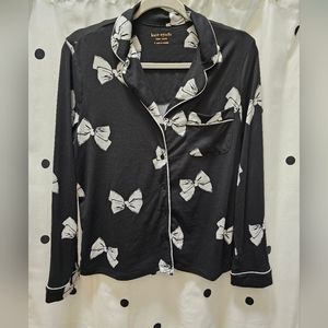 Kate Spade black white bow button down long sleeve sleep pajama shirt small